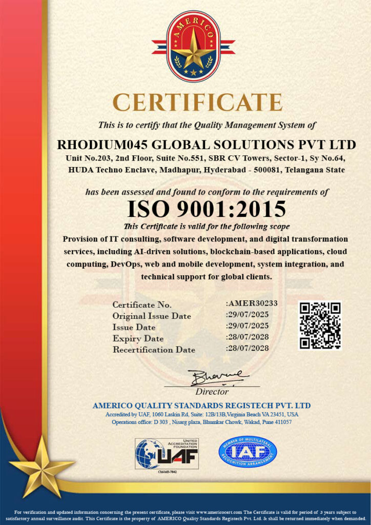 UAF Americo-ISO 9001- RHODIUM045 GLOBAL SOLUTIONS PVT LTD
